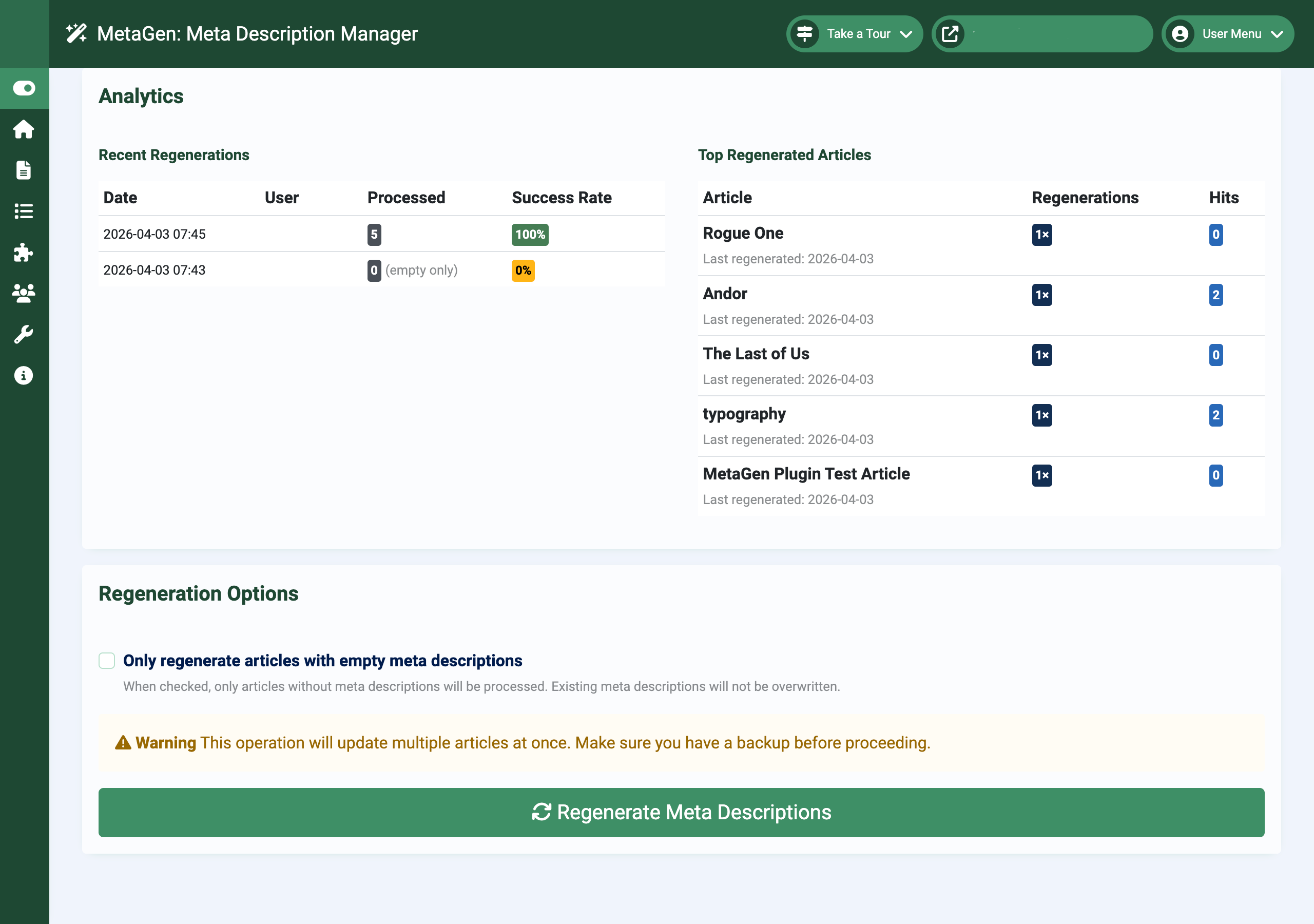 Meta Generator summary dashboard