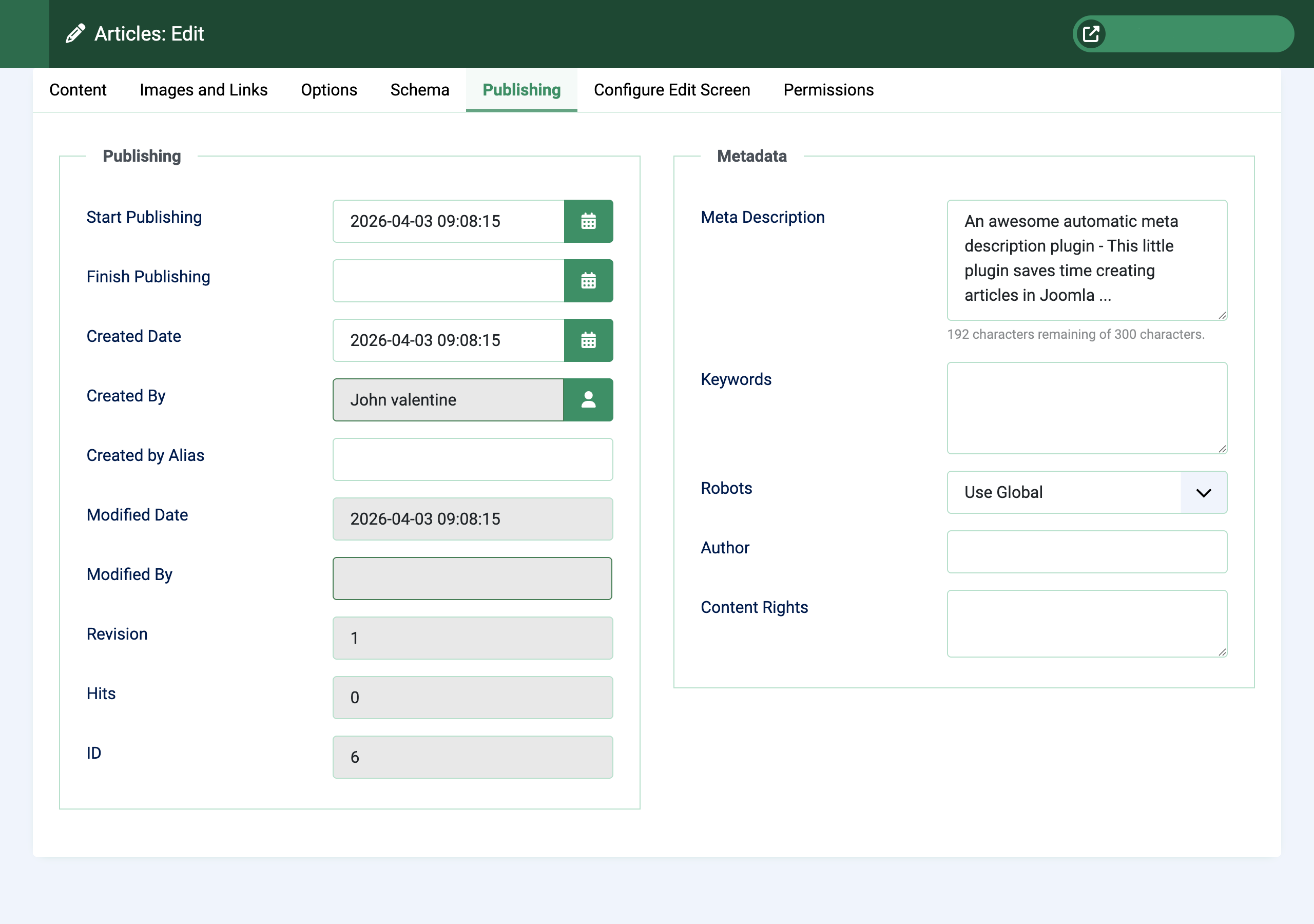 Joomla article with a meta description from Meta Generator