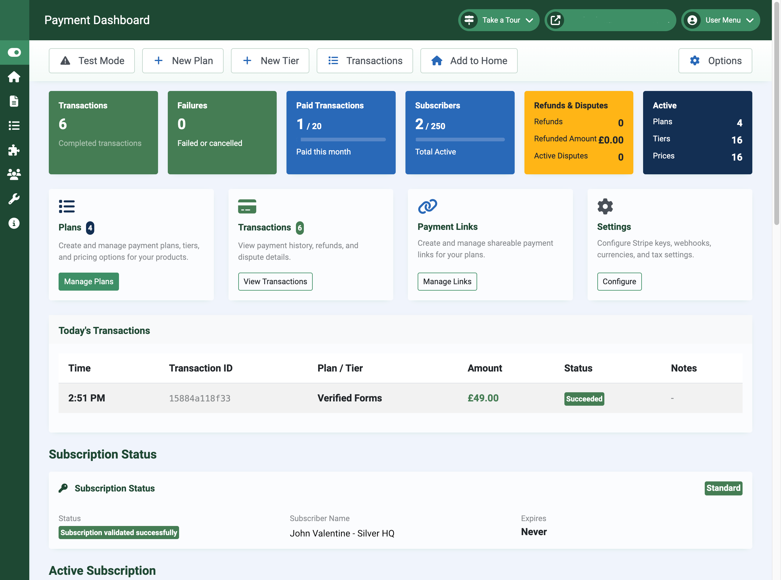 Payment dashboard for Stripe in Joomla