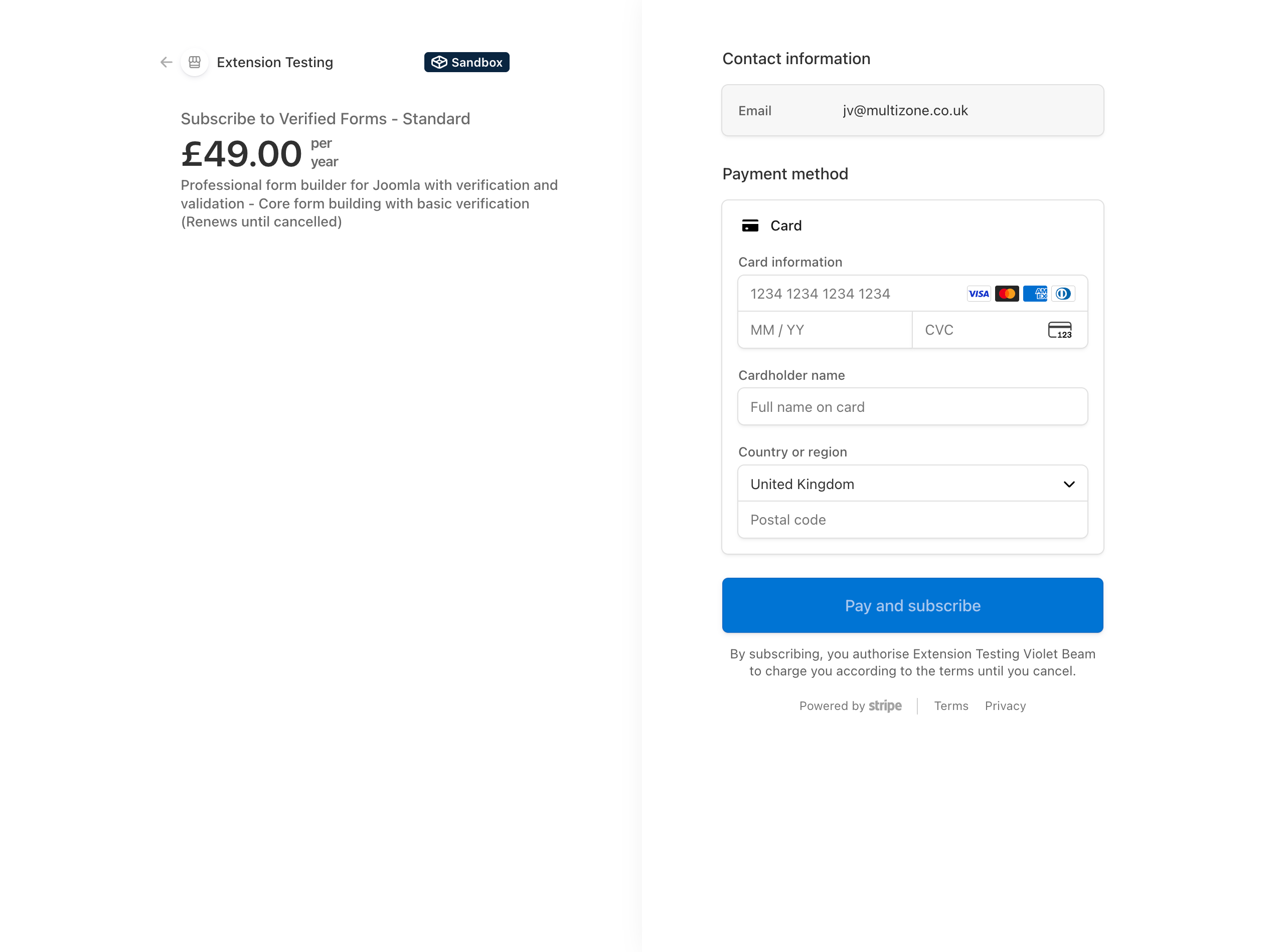 Stripe Payment via Joomla