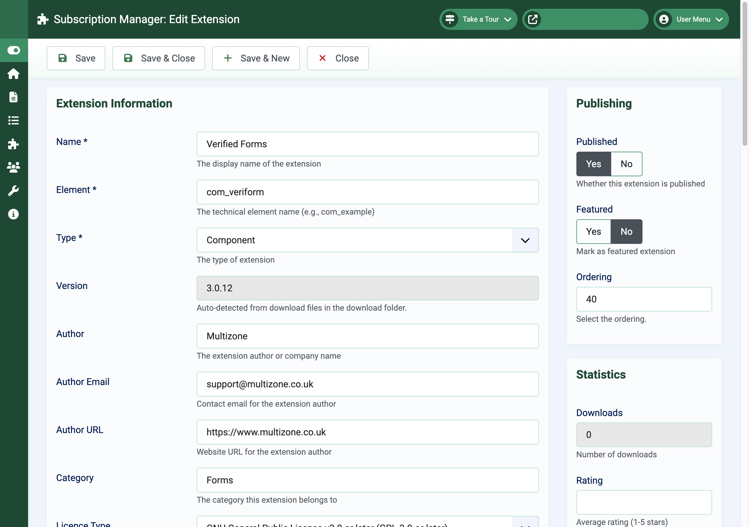 Edit Extension Details in Subscriptions Manager