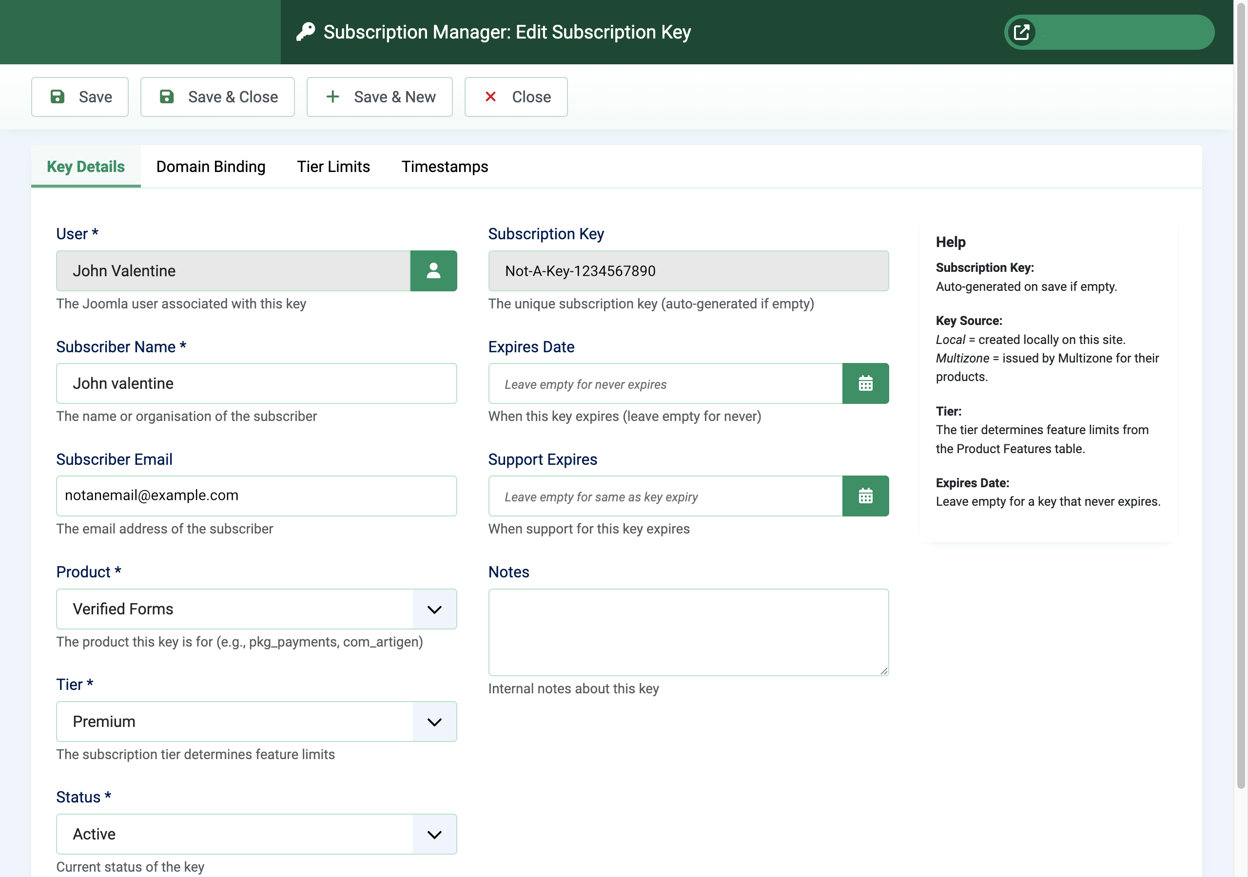 Editing a subscription key in Subscriptions Manager