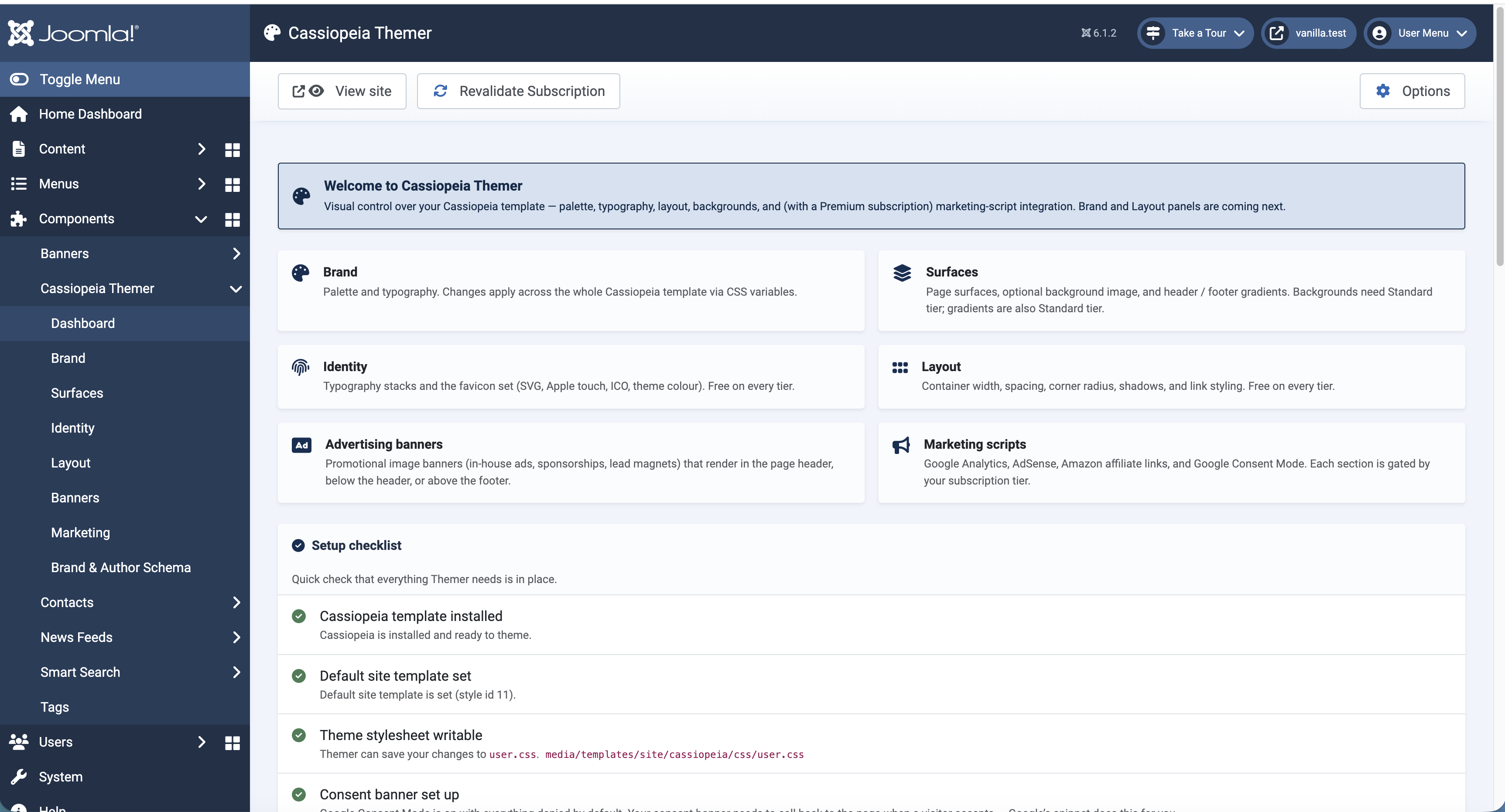 Cassiopeia Themer for Joomla - dashboard