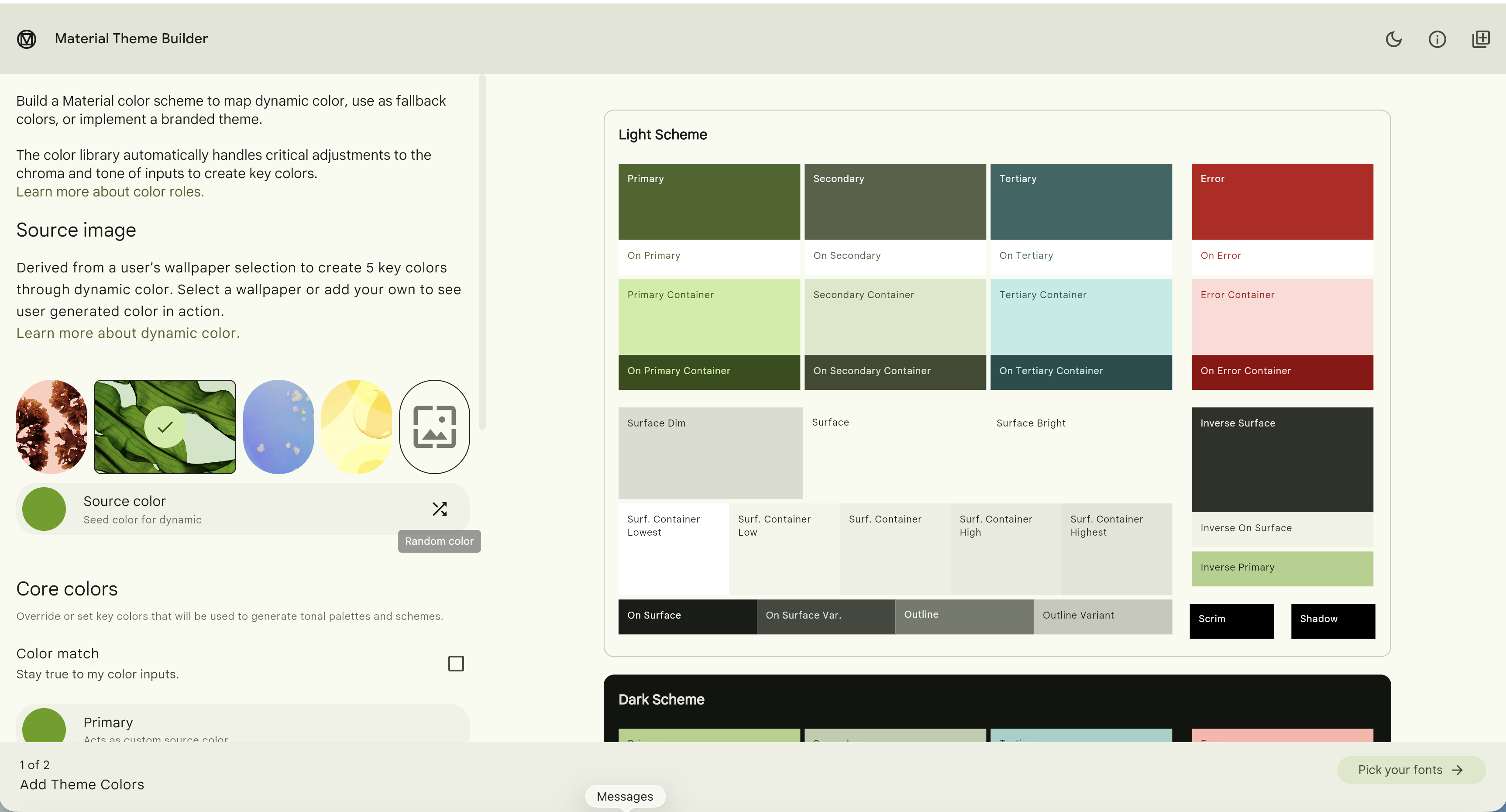 Google Material Theme Builder, seeded with a brand colour — export as JSON (not part of Themer)