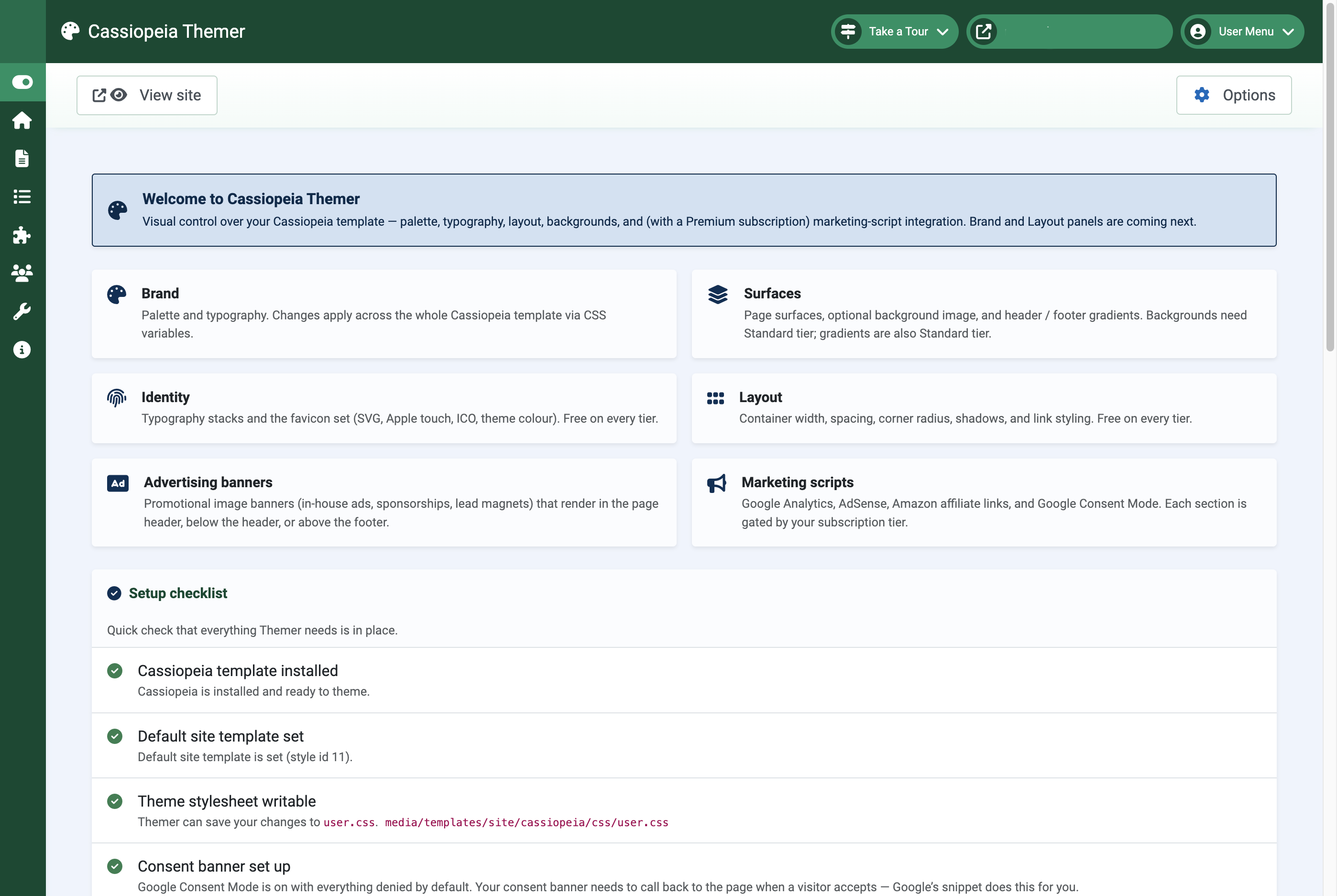 Cassiopeia Themer for Joomla - dashboard